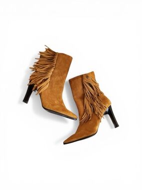 Predictions Tan Heeled Boots with Fringe